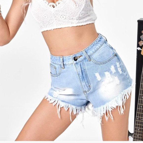 Pants - Ripped Raw Hem Denim Shorts